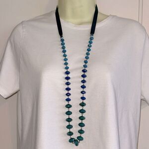 Long Turquoise & Blue Faceted Bead Necklace‎ on Satin Ribbon